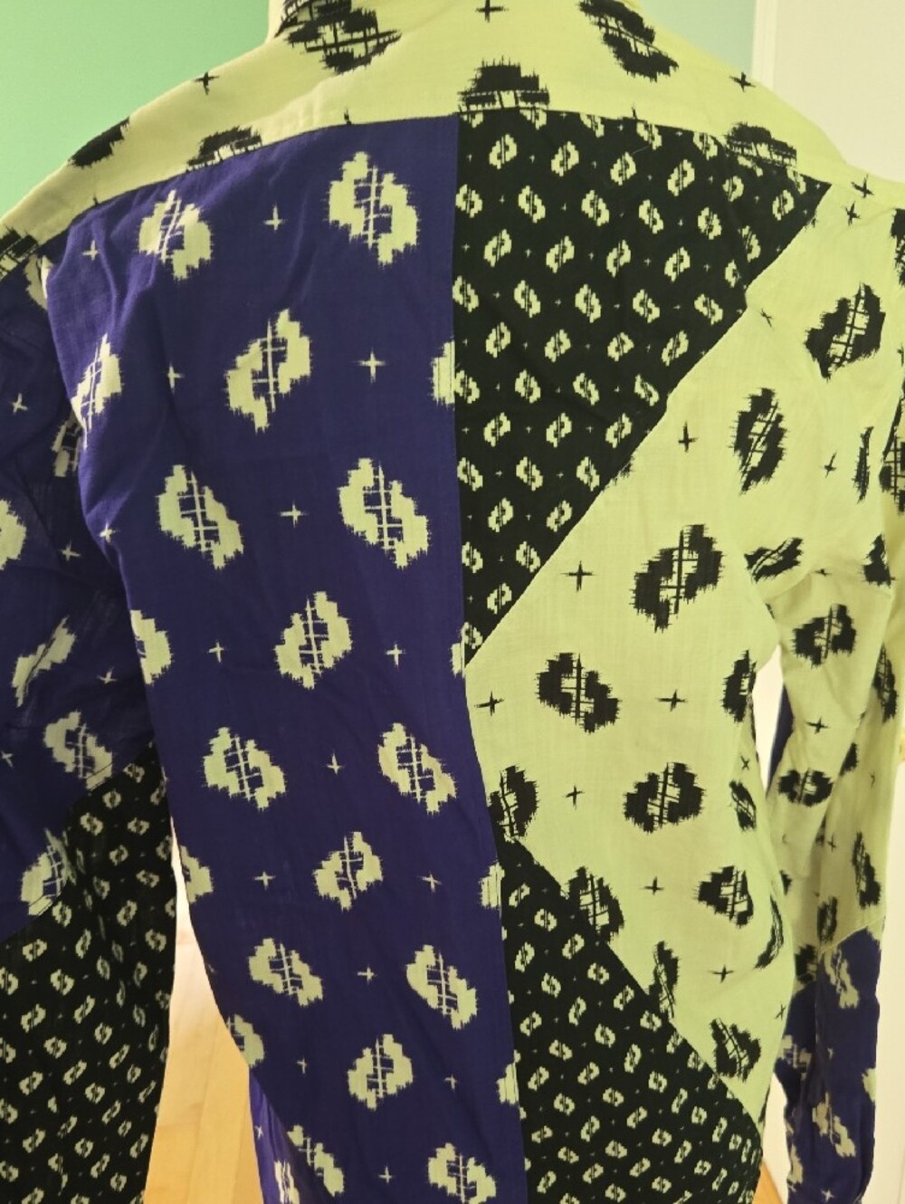 Kenzo Men's Cream, Black & Blue Geometric Patchwork Button-Down Shirt - Picture 4 of 5